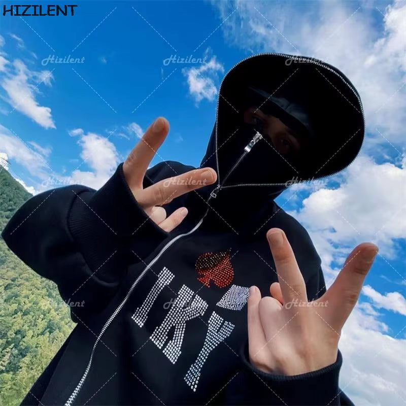 Y2K Rhinestone Skeleton Zip up Oversized Sweatshirts 2021 Autumn Goth Hoodies Women Grunge Hooded Jacket Streetwear Y2K Clothing