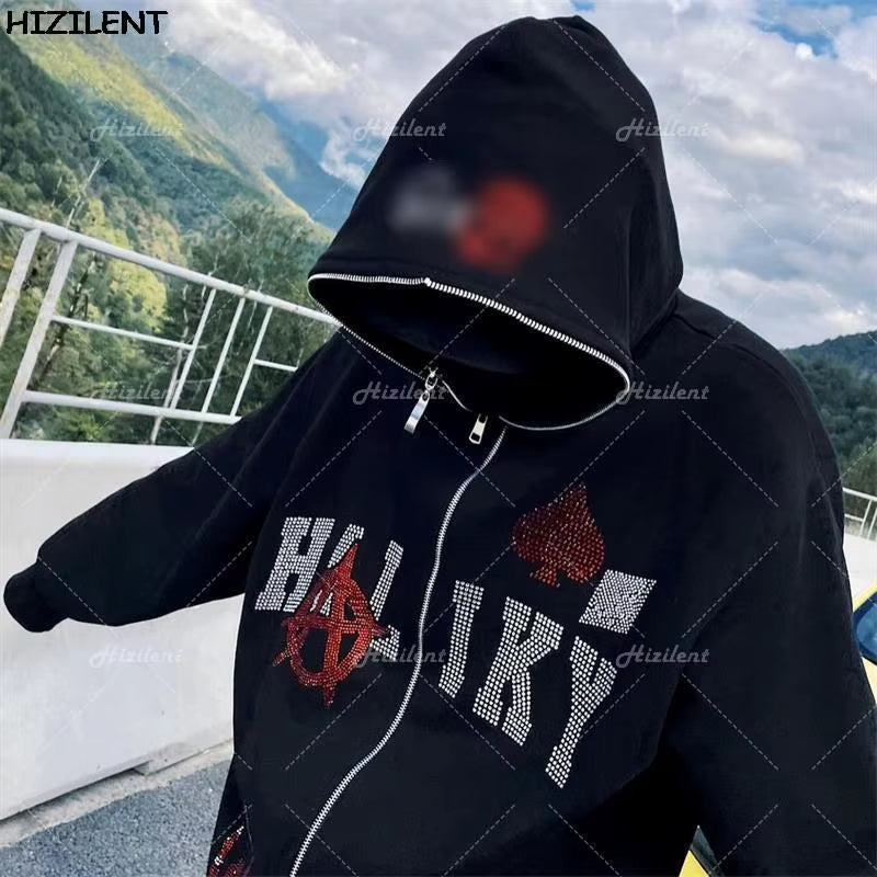 Y2K Rhinestone Skeleton Zip up Oversized Sweatshirts 2021 Autumn Goth Hoodies Women Grunge Hooded Jacket Streetwear Y2K Clothing
