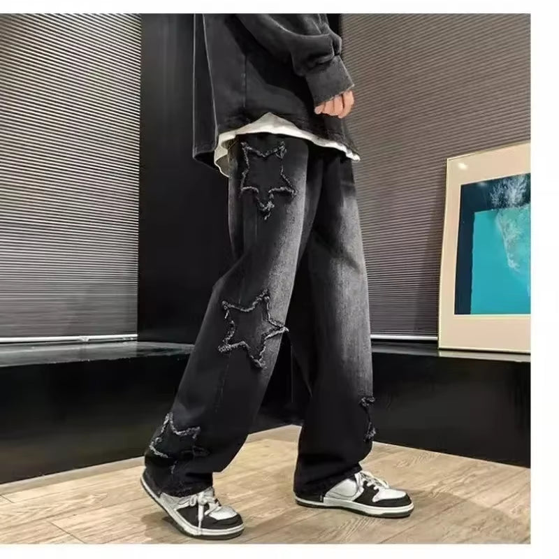 2024 New Fashion Stars Towel Embroidery Brown Men Jeans Pants Y2K Clothes Straight Hip Hop Cotton Trousers Pantalon Homme