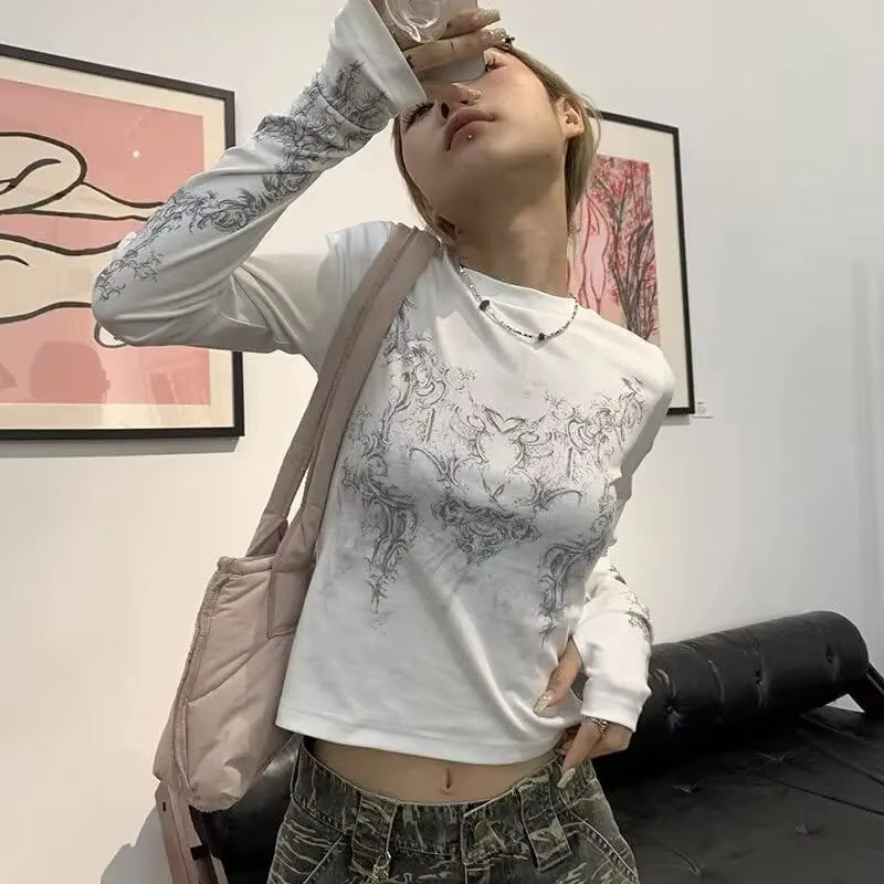 Women Y2K Long Sleeve Top Tee Sexy Patchwork T-Shirts O-Neck Long Sleeve Print Tunic Tops Shirt Streetwear T-Shirt