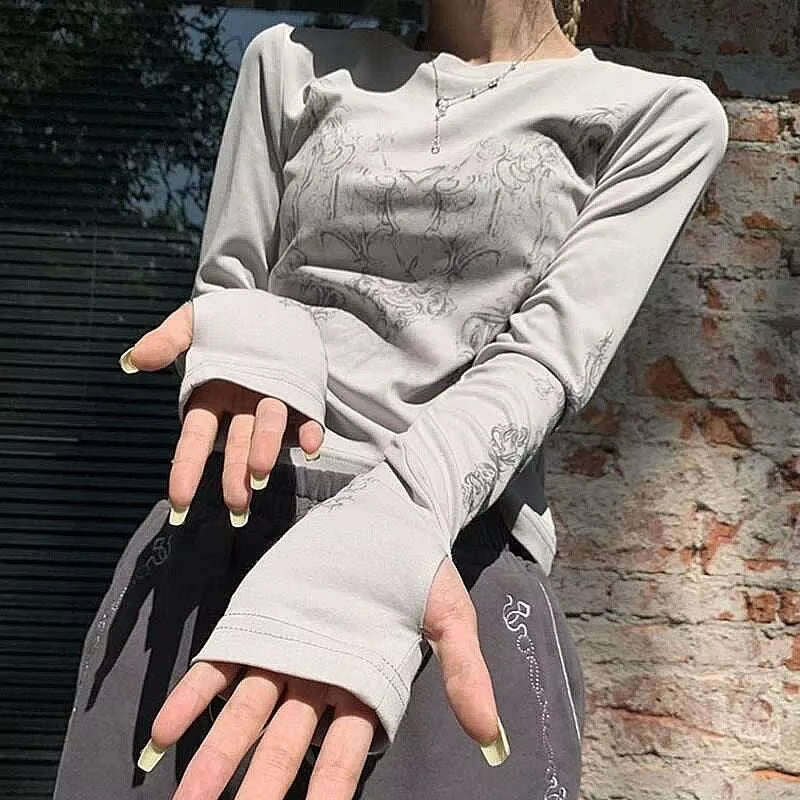 Women Y2K Long Sleeve Top Tee Sexy Patchwork T-Shirts O-Neck Long Sleeve Print Tunic Tops Shirt Streetwear T-Shirt