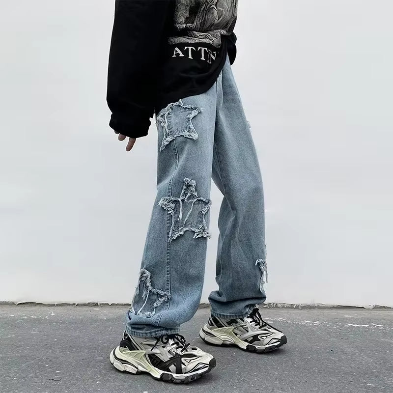 2024 New Fashion Stars Towel Embroidery Brown Men Jeans Pants Y2K Clothes Straight Hip Hop Cotton Trousers Pantalon Homme