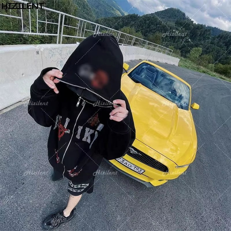 Y2K Rhinestone Skeleton Zip up Oversized Sweatshirts 2021 Autumn Goth Hoodies Women Grunge Hooded Jacket Streetwear Y2K Clothing