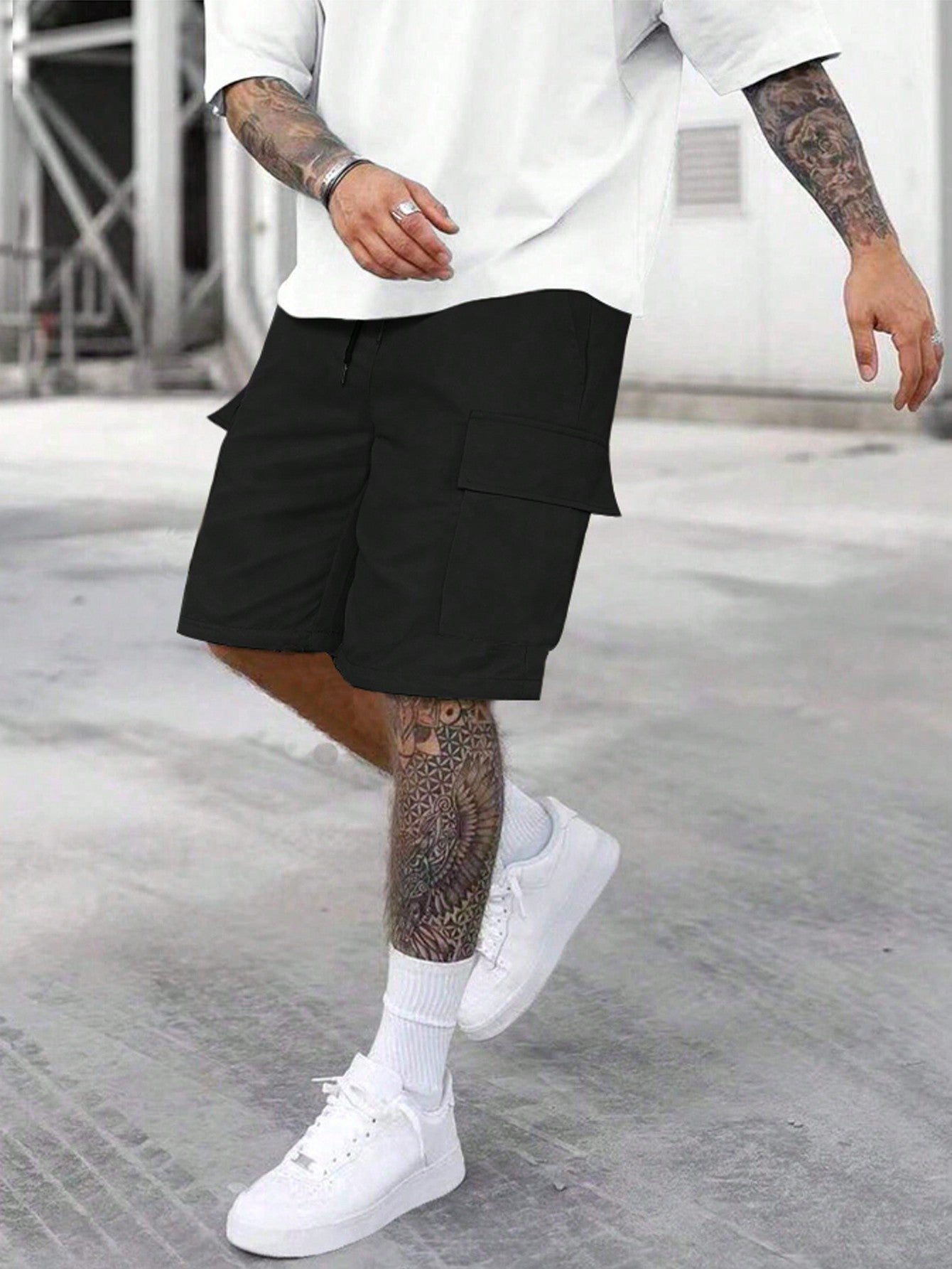 Manfinity Dauomo Men'S Solid Color Drawstring-Waist Work Shorts