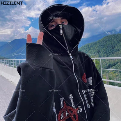 Y2K Rhinestone Skeleton Zip up Oversized Sweatshirts 2021 Autumn Goth Hoodies Women Grunge Hooded Jacket Streetwear Y2K Clothing